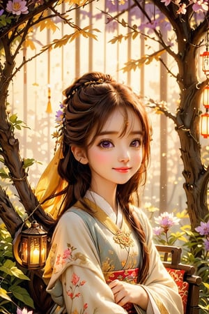 Beautiful 1girl, ((12 years old)), (masterpiece, top quality, best quality, official art, beautiful and aesthetic:1.2), (executoner), extreme detailed, colorful, highest detailed ((ultra-detailed)), (highly detailed CG illustration), ((an extremely delicate and beautiful)), cinematic light, niji style, Chinese house style, in the morning light, maple tree bloom, sunray through the leaves, beautiful eyes, ((light brown eyes)), perfect face, smiling happily, 32k ultra high definition, Pixar movie scene style, realistic high quality Portrait photography, eternal beauty, the lantern behind her emits a soft light, beautiful and dreamy, the flowers are in bloom, and the light bokeh serves as the background, (bronze eyes:1.4), ((purple and yellow hues)), cute animal winterhanfu, holding object, funny pose, (seat on the tree swing :1.5), outside, With fox