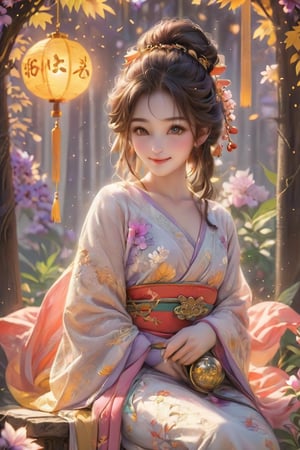 Beautiful 1girl, ((12 years old)), (masterpiece, top quality, best quality, official art, beautiful and aesthetic:1.2), (executoner), extreme detailed, colorful, highest detailed ((ultra-detailed)), (highly detailed CG illustration), ((an extremely delicate and beautiful)), cinematic light, niji style, Chinese house style, in the morning light, maple tree bloom, sunray through the leaves, beautiful eyes, ((light brown eyes)), perfect face, smiling happily, 32k ultra high definition, Pixar movie scene style, realistic high quality Portrait photography, eternal beauty, the lantern behind her emits a soft light, beautiful and dreamy, the flowers are in bloom, and the light bokeh serves as the background, (bronze eyes:1.4), ((purple and yellow hues)), cute animal winterhanfu, holding fox, funny pose, (seat on the swing :1.5), outside, many animals,1girl, Watermelon slices in a plate,