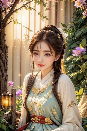 Beautiful 1girl, ((12 years old)), (masterpiece, top quality, best quality, official art, beautiful and aesthetic:1.2), (executoner), extreme detailed, colorful, highest detailed ((ultra-detailed)), (highly detailed CG illustration), ((an extremely delicate and beautiful)), cinematic light, niji style, Chinese house style, in the morning light, maple tree bloom, sunray through the leaves, beautiful eyes, ((light brown eyes)), perfect face, smiling happily, 32k ultra high definition, Pixar movie scene style, realistic high quality Portrait photography, eternal beauty, the lantern behind her emits a soft light, beautiful and dreamy, the flowers are in bloom, and the light bokeh serves as the background, (bronze eyes:1.4), ((purple and yellow hues)), cute animal winterhanfu, holding object, funny pose, (seat on the tree swing :1.5), outside,