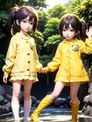 (ultra detailed:1.4), realistic, (photorealistic:1.37), (illustration:1.2), Two girls playing in puddles wearing rain boots. In the center of the puddles,  there is a clear reflection of the transparent water surface with bright light reflecting upon it. The girls are dressed in yellow raincoats and wearing boots,  allowing them to play in the puddles without getting wet. One of them is an energetic girl with her hair tied up in pigtails,  while the other has cute short twin tails. Holding hands,  they jump and frolic,  creating splashes of water. The weather is fine after the rain,  and a vibrant rainbow stretches across the background. The colors of the rainbow harmonize with the girls' smiles,  creating a joyful atmosphere,  colorful wear,  (adorable difference face:1.4),  colorful,  (photo-realisitc),  night background,  exposure blend, medium shot, bokeh, (hdr:1.4),  high contrast, (cinematic, teal and green:0.85),  (muted colors, dim colors,  soothing tones:1.3),  low saturation, (perfect hands, perfect fingers :1.5), cinematic light, depth of fields, twilight, science fiction, NAO