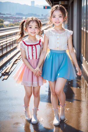 Raw photo, (Ultra realistic), (highly detailed eyes, highly detailed face), (ultra detailed:1.4), realistic, (photorealistic:1.37), (illustration:1.2), Two girls playing in puddles wearing rain boots. In the center of the puddles,  there is a clear reflection of the transparent water surface with bright light reflecting upon it. The girls are dressed in yellow raincoats and wearing boots,  allowing them to play in the puddles without getting wet. One of them is an energetic girl with her hair tied up in pigtails,  while the other has cute short twin tails. Holding hands,  they jump and frolic,  creating splashes of water. The weather is fine after the rain,  and a vibrant rainbow stretches across the background. The colors of the rainbow harmonize with the girls' smiles,  creating a joyful atmosphere,  colorful wear,  (adorable difference face:1.4),  colorful, (photo-realisitc),  night background,  exposure blend, medium shot, bokeh, (hdr:1.4), high contrast, (cinematic, teal and light magenta:0.85), (muted colors, dim colors,  soothing tones:1.3), low saturation, (perfect hands, perfect fingers :1.5), cinematic light, depth of fields, twilight, looking at viewer, (stunning light:1.3), (night, metropolis and sky train background :1.4), Backlighting of natural light, falling petals, happy,
