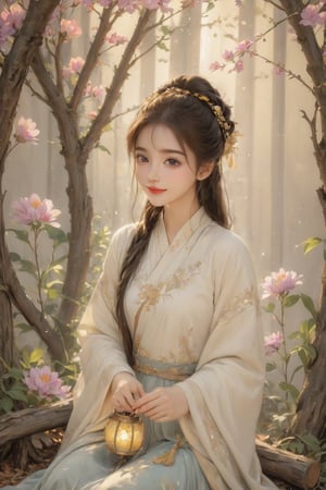 Beautiful 1girl, ((12 years old)), (masterpiece, top quality, best quality, official art, beautiful and aesthetic:1.2), (executoner), extreme detailed, colorful, highest detailed ((ultra-detailed)), (highly detailed CG illustration), ((an extremely delicate and beautiful)), cinematic light, niji style, Chinese house style, in the morning light, maple tree bloom, sunray through the leaves, beautiful eyes, ((light brown eyes)), perfect face, smiling happily, 32k ultra high definition, Pixar movie scene style, realistic high quality Portrait photography, eternal beauty, the lantern behind her emits a soft light, beautiful and dreamy, the flowers are in bloom, and the light bokeh serves as the background, (bronze eyes:1.4), ((purple and yellow hues)), cute animal winterhanfu, holding object, funny pose, (sitting on a tree swing:1.5), swing on swing, outside,