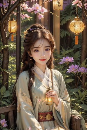 Beautiful 1girl, ((12 years old)), (masterpiece, top quality, best quality, official art, beautiful and aesthetic:1.2), (executoner), extreme detailed, colorful, highest detailed ((ultra-detailed)), (highly detailed CG illustration), ((an extremely delicate and beautiful)), cinematic light, niji style, Chinese house style, in the morning light, maple tree bloom, sunray through the leaves, beautiful eyes, ((light brown eyes)), perfect face, smiling happily, 32k ultra high definition, Pixar movie scene style, realistic high quality Portrait photography, eternal beauty, the lantern behind her emits a soft light, beautiful and dreamy, the flowers are in bloom, and the light bokeh serves as the background, (bronze eyes:1.4), ((purple and yellow hues)), cute animal winterhanfu, holding object, funny pose, (seat on the swing :1.5), outside, With fox