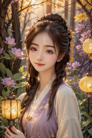 Beautiful 1girl, ((12 years old)), (masterpiece, top quality, best quality, official art, beautiful and aesthetic:1.2), (executoner), extreme detailed, colorful, highest detailed ((ultra-detailed)), (highly detailed CG illustration), ((an extremely delicate and beautiful)), cinematic light, niji style, Chinese house style, in the morning light, maple tree bloom, sunray through the leaves, beautiful eyes, ((light brown eyes)), perfect face, smiling happily, 32k ultra high definition, Pixar movie scene style, realistic high quality Portrait photography, eternal beauty, the lantern behind her emits a soft light, beautiful and dreamy, the flowers are in bloom, and the light bokeh serves as the background, (bronze eyes:1.4), ((purple and yellow hues)), cute animal winterhanfu, holding food, (action pose:1.4)