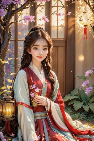 Beautiful 1girl, ((12 years old)), (masterpiece, top quality, best quality, official art, beautiful and aesthetic:1.2), (executoner), extreme detailed, colorful, highest detailed ((ultra-detailed)), (highly detailed CG illustration), ((an extremely delicate and beautiful)), cinematic light, niji style, Chinese house style, in the morning light, maple tree bloom, sunray through the leaves, beautiful eyes, ((light brown eyes)), perfect face, smiling happily, 32k ultra high definition, Pixar movie scene style, realistic high quality Portrait photography, eternal beauty, the lantern behind her emits a soft light, beautiful and dreamy, the flowers are in bloom, and the light bokeh serves as the background, (bronze eyes:1.4), ((purple and yellow hues)), cute animal winterhanfu, holding object, funny pose, (sitting on a tree swing:1.5),  outside, with fox