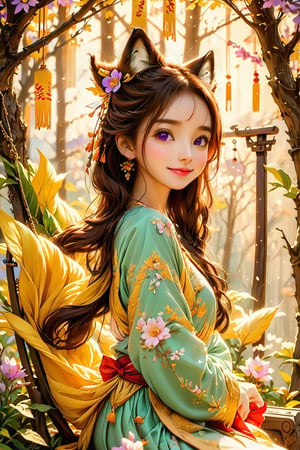 Beautiful 1girl, ((12 years old)), (masterpiece, top quality, best quality, official art, beautiful and aesthetic:1.2), (executoner), extreme detailed, colorful, highest detailed ((ultra-detailed)), (highly detailed CG illustration), ((an extremely delicate and beautiful)), cinematic light, niji style, Chinese house style, in the morning light, maple tree bloom, sunray through the leaves, beautiful eyes, ((light brown eyes)), perfect face, smiling happily, 32k ultra high definition, Pixar movie scene style, realistic high quality Portrait photography, eternal beauty, the lantern behind her emits a soft light, beautiful and dreamy, the flowers are in bloom, and the light bokeh serves as the background, (bronze eyes:1.4), ((purple and yellow hues)), cute animal winterhanfu, holding object, funny pose, (sitting on a tree swing:1.5), swing on swing, outside, fox near her,