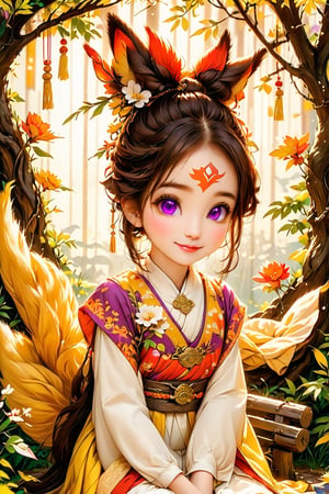 Beautiful 1girl, ((12 years old)), (masterpiece, top quality, best quality, official art, beautiful and aesthetic:1.2), (executoner), extreme detailed, colorful, highest detailed ((ultra-detailed)), (highly detailed CG illustration), ((an extremely delicate and beautiful)), cinematic light, niji style, Chinese house style, in the morning light, maple tree bloom, sunray through the leaves, beautiful eyes, ((light brown eyes)), perfect face, smiling happily, 32k ultra high definition, Pixar movie scene style, realistic high quality Portrait photography, eternal beauty, the lantern behind her emits a soft light, beautiful and dreamy, the flowers are in bloom, and the light bokeh serves as the background, (bronze eyes:1.4), ((purple and yellow hues)), cute animal winterhanfu, holding object, funny pose, (sitting on a tree swing:1.5), swing on swing, outside,kitsune near her,