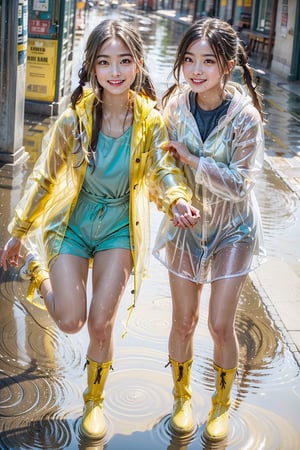 Raw photo, (Ultra realistic), (highly detailed eyes, highly detailed face), (ultra detailed:1.4), realistic, (photorealistic:1.37), (illustration:1.2), Two girls playing in puddles wearing rain boots. In the center of the puddles,  there is a clear reflection of the transparent water surface with bright light reflecting upon it. The girls are dressed in (yellow raincoats:1.4) and wearing boots, allowing them to play in the puddles without getting wet. One of them is an energetic girl with her hair tied up in pigtails,  while the other has cute short twin tails. Holding hands,  they jump and frolic,  creating splashes of water. The weather is fine after the rain,  and a vibrant rainbow stretches across the background. The colors of the rainbow harmonize with the girls' smiles,  creating a joyful atmosphere,  colorful wear,  (adorable difference face:1.4),  colorful,  (photo-realisitc),  night background,  exposure blend, medium shot, bokeh, (hdr:1.4), high contrast, (cinematic, teal and green:0.85),  (muted colors, dim colors,  soothing tones:1.3), low saturation, (perfect hands, perfect fingers :1.5), cinematic light, depth of fields, twilight,