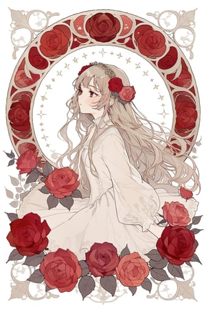 masterpiece, best quality, aesthetic,1girl,art nouveau,Long hair,rose,stenciled rose,Red tones