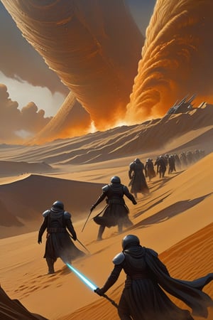 Dune - The final battle of Arakeen Final phase, by Luis Duarte, Alexandro Jodorowsy Art,Juan Gimenez Art,Space Art,Sci-Fic Art,Dark Influence,NijiExpress 3D v2,Kinetic Art,Datanoshing,Oil painting,Ink v3,Splash style,Abstract Art,Abstract Tech,CyberTech Elements,Futuristic,Epic style,Illustrated v3,Deco Influence,Air Brush style,drawing