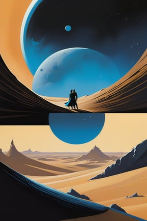 Dune - The love story between Paul and Chani., by Luis Duarte, Alexandro Jodorowsy Art,Juan Gimenez Art,Space Art,Sci-Fic Art,Dark Influence,NijiExpress 3D v2,Kinetic Art,Datanoshing,Oil painting,Ink v3,Splash style,Abstract Art,Abstract Tech,CyberTech Elements,Futuristic,Epic style,Illustrated v3,Deco Influence,Air Brush style,drawing