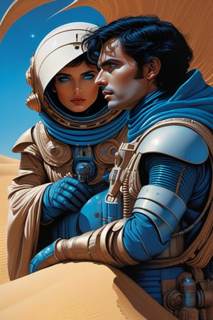Dune - The love story between Paul and Chani., by Luis Duarte, Alexandro Jodorowsy Art,Juan Gimenez Art,Space Art,Sci-Fic Art,Dark Influence,NijiExpress 3D v2,Kinetic Art,Datanoshing,Oil painting,Ink v3,Splash style,Abstract Art,Abstract Tech,CyberTech Elements,Futuristic,Epic style,Illustrated v3,Deco Influence,Air Brush style,drawing