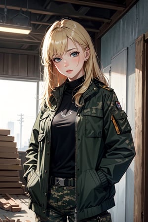 highres, masterpiece, perfect lighting, bloom, cinematic lighting, adult, female, looking at viewer, upper body, 1girl, blonde, camo pants, jacket, military jacket, hands inside pockets, in front of the viewer, bulletproof vest, magazine bags, modern construction site,girl