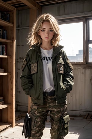 highres, masterpiece, perfect lighting, bloom, cinematic lighting, adult, female, looking at viewer, upper body, 1girl, blonde, camo pants, jacket, military jacket, hands inside pockets, in front of the viewer, bulletproof vest, magazine bags, modern construction site