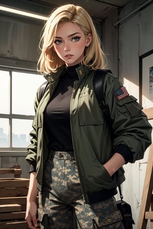 highres, masterpiece, perfect lighting, bloom, cinematic lighting, adult, female, looking at viewer, upper body, 1girl, blonde, camo pants, jacket, military jacket, hands inside pockets, in front of the viewer, bulletproof vest, magazine bags, modern construction site