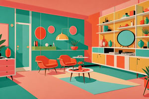 illustration inspired by Richard McGuire design and Wes Anderson colors, mid century modern wall paper, high definition, high resolution, ultra sharp lines, no fuzzy areas, linquivera, liiv1,  exquisite detail,  30-megapixel, 4k, Flat vector art, Vector illustration, Illustration, <lora:659095807385103906:1.0>,