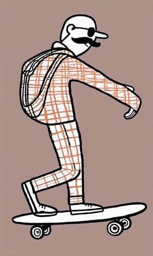 Graffiti Comic,a drawing of a man riding a skateboard, inspired by mads berg, trending on behance, happening, wearing plaid shirt, long and orange mustache, pen and ink illustration, concept character,masterpiece,best quality,Graffiti