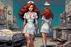 vintage comic book illustration of a jures at a dystopian hospital, wearing a white nurse dress,, (miniskirt), full body, long wild hair,  tattooed hands and body, sexy body, fashion pose, detailed gorgeous face,  apocalyptic environment,  exquisite detail,  30-megapixel, 4k, looking into camera, Flat vector art, Vector illustration, high colour, high contrast, Illustration, <lora:659095807385103906:1.0>,<lora:659095807385103906:1.0>,<lora:659095807385103906:1.0>