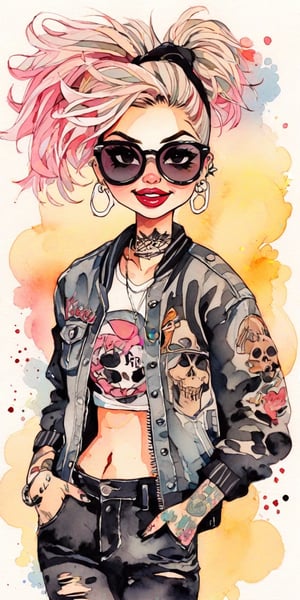 watercolor illustration of a punk rock girl, girl in the style of chicana, beige hair with bandana, black lips, tattoo, laughing, decadent beauty, dollcore, blink-and-you-miss-it detai, wearing suits, airjordan, sunglasses, japanese 70s anime, whimsical doodles, loose brushwork, clean white background --niji