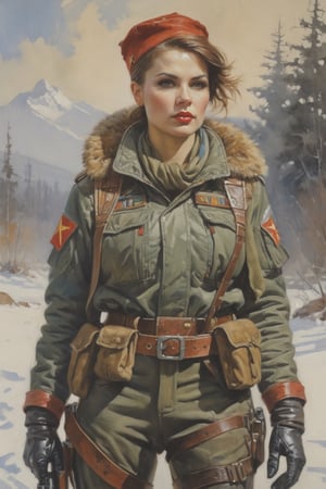 detailed full-length picture, masterpiece, best quality, ultra high resolution, visually stunning, beautiful, award-winning art (abstract art: 1.3), beautiful ))), oil painting Portret of a  soviet si-fi punk butifful female Mercenary - field scout-killer in war winter soviet si-fi punk outfit. , detailed face, whole body, Watercolor, trending on artstation, sharp focus, studio photo, intricate details, highly detailed, by greg rutkowski, more detail XL, hyper detailed, realistic, oil painting, by julie bell, frank frazetta, cinematic lighting
