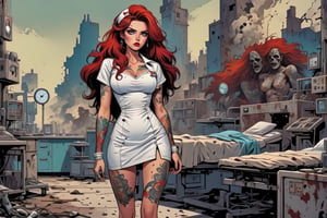 vintage comic book illustration of a jures at a dystopian hospital, wearing a white nurse dress, (miniskirt), full body, long wild hair,  tattooed hands and body, sexy body, back to the camera, showing ass, detailed gorgeous face,  apocalyptic environment,  exquisite detail,  30-megapixel, 4k, looking into camera, Flat vector art, Vector illustration, high colour, high contrast, Illustration, <lora:659095807385103906:1.0>,<lora:659095807385103906:1.0>,<lora:659095807385103906:1.0>