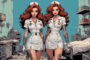 vintage comic book illustration of a jures at a dystopian hospital, wearing a white nurse dress,, (miniskirt), full body, long wild hair,  tattooed hands and body, sexy body, fashion pose, detailed gorgeous face,  apocalyptic environment,  exquisite detail,  30-megapixel, 4k, looking into camera, Flat vector art, Vector illustration, high colour, high contrast, Illustration, <lora:659095807385103906:1.0>,<lora:659095807385103906:1.0>,<lora:659095807385103906:1.0>