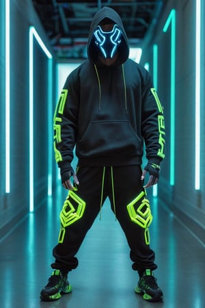 Full-length, standing in the corridor, 1guy dressed in a sweatshirt, a cyber mask connected to a hood, wide trousers with pockets, neon elements on the clothes glow, dark, masterpiece. (Cyberpunk style). TechStreetwear,Glass Elements
