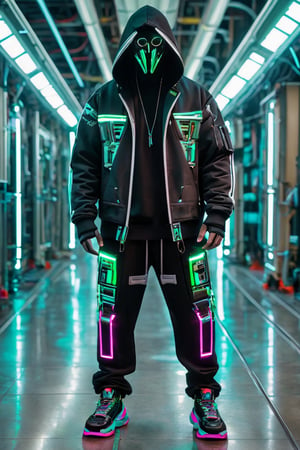 Full-length, standing in the corridor, 1guy dressed in a sweatshirt, a cyber mask connected to a hood, wide trousers with pockets, neon elements on the clothes glow, dark, masterpiece. (Cyberpunk style). TechStreetwear,Glass Elements,ROBOT