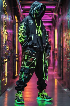 Full-length, standing in the corridor, 1guy dressed in a sweatshirt, a cyber mask connected to a hood, wide trousers with pockets, neon elements on the clothes glow, dark, masterpiece. (Cyberpunk style). TechStreetwear,Glass Elements,ROBOT,ByteBlade