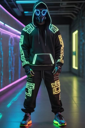 Full-length, standing in the corridor, 1guy dressed in a sweatshirt, a cyber mask connected to a hood, wide trousers with pockets, neon elements on the clothes glow, dark, masterpiece. (Cyberpunk style). TechStreetwear,Glass Elements