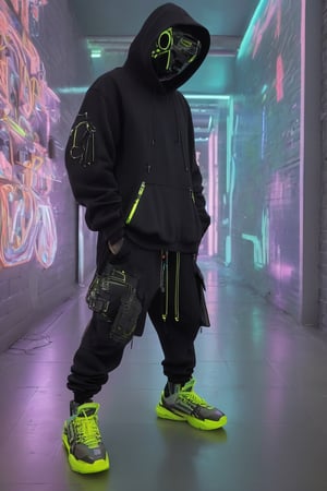 Full-length, standing in the corridor, 1guy dressed in a sweatshirt, a cyber mask connected to a hood, wide trousers with pockets, neon elements on the clothes glow, dark, masterpiece. (Cyberpunk style). TechStreetwear,Digital_Madness,TechStreetwear,Glass Elements