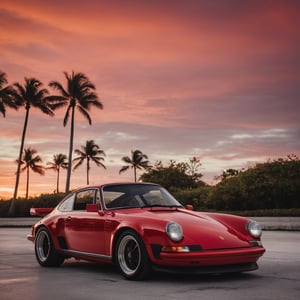 cinematic photo of red Porsche in Miami, sunset, high detailed