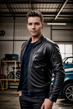 a photograph of a handsome make spokesmodel, above the waist, fit confident, leather jacket casual, sublte stubble, highest quality, mechanic garage background, bright lighting, photorealistic
realistic,Germany Male,<lora:659111690174031528:1.0>