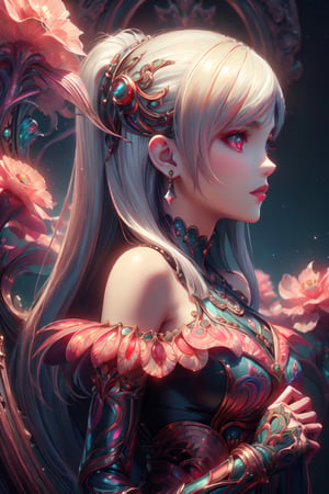 ((Rainbow Style), Anime, Real, Sketch, Thick Lines, Contents, Detailed, Detailed, One Girl, White Hair, Glowing Red Eyes, Closed Lips, Diamond Earrings, Shining Diamond Parts, Seductive Expression, Silk Floral Off-Shoulder Dress, Order, black gradient background, texture crop, Korean model), Unreal Engine, octane rendering, high quality, high resolution, high precision, realistic, color correction, good lighting settings, low noise, sharp edges, harmonious composition,DonMBl00mingF41ryXL ,DonMF41ryW1ng5