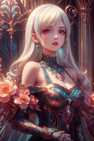 ((Rainbow Style), Anime, Real, Sketch, Thick Lines, Contents, Detailed, Detailed, One Girl, White Hair, Glowing Red Eyes, Closed Lips, Diamond Earrings, Shining Diamond Parts, Seductive Expression, Silk Floral Off-Shoulder Dress, Order, black gradient background, texture crop, Korean model), Unreal Engine, octane rendering, high quality, high resolution, high precision, realistic, color correction, good lighting settings, low noise, sharp edges, harmonious composition,DonMBl00mingF41ryXL ,DonMF41ryW1ng5