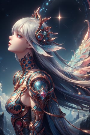 (🌠Acrylic watercolor painting by Leiji Matsumoto. A fantastically beautiful woman with a delicate and slender body that looks like it might break, a slender face, very long eyelashes, sparkling slit eyes, and long, soft silver hair, like a celestial maiden looking up at the sky and praying to the stars), Unreal Engine, octane rendering, high quality, high resolution, high precision, realistic, color correction, good lighting settings, low noise, sharp edges, harmonious composition