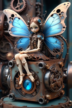 (close-up of a biomechanical fairy with morpho butterfly wings sitting on a mechanical box, futuristic landscape, rusted antique look, steampunk background, filigree, fantastic, epic), detailed texture, high Quality, high resolution, high precision, realism, color correction, good lighting settings, harmonious composition, works on Behance