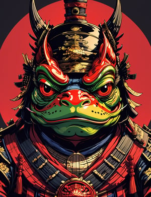 head and shoulders portrait, (samurai frog :1.5) warrior, wearing armor, colorful, symmetrical precise detail, symmetrical features, (flat silkscreen:1.5) , wearing mask, pastel-color, creative, dark flat color background ,oni style