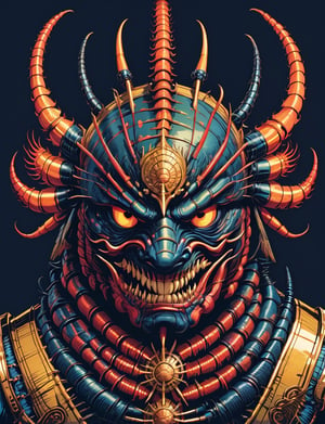 head and shoulders portrait, (centipede :1.5) warrior, wearing armor, colorful, symmetrical precise detail, symmetrical features, (flat silkscreen:1.5) , wearing mask, pastel-color, creative, dark flat color background ,oni style