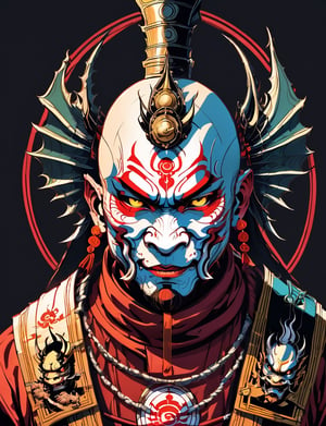 head and shoulders portrait, (dragon monk :1.5) warrior, wearing armor, colorful, symmetrical precise detail, symmetrical features, (flat silkscreen:1.5) , wearing mask, pastel-color, creative, dark flat color background ,oni style