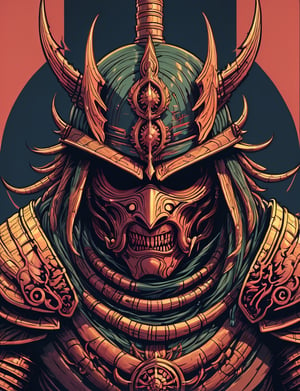 head and shoulders portrait, (Nematode :1.5) warrior, wearing armor, colorful, symmetrical precise detail, symmetrical features, (flat silkscreen:1.5) , wearing mask, pastel-color, creative, dark flat color background ,oni style