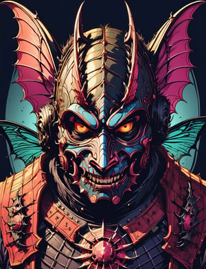 head and shoulders portrait, (moth bat:1.5) warrior, wearing armor, colorful, symmetrical precise detail, symmetrical features, (flat silkscreen:1.5) , wearing mask, pastel-color, creative, dark flat color background ,oni style