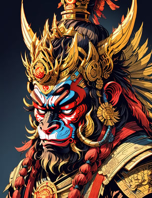 head and shoulders portrait, (monkey king :1.5) warrior, wearing armor, colorful, symmetrical precise detail, symmetrical features, (flat silkscreen:1.5) , wearing mask, pastel-color, creative, dark flat color background ,oni style