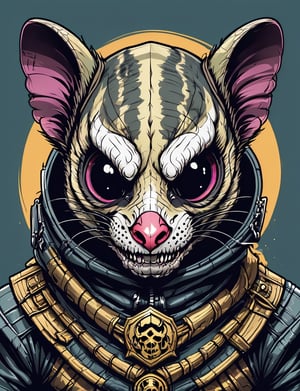 head and shoulders portrait, (reptile sugar glider skull :1.5) warrior, wearing armor, colorful, symmetrical precise detail, flat silkscreen , wearing mask, pastel-color, creative, dark flat color background ,oni style