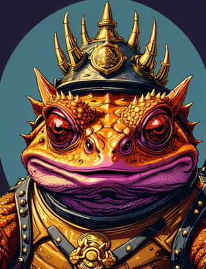 head and shoulders portrait, (horned toad slug :1.5) warrior, wearing armor, colorful, symmetrical precise detail, symmetrical features, (flat silkscreen:1.5) , wearing mask, pastel-color, creative, dark flat color background ,oni style