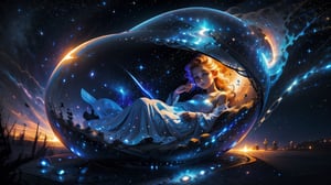 newborn baby in a glass cocoon, background Universe, nebula, stars, Create a fantasy figurine, in a mesmerizing 16k digital painting. Maintain intricate details, a fantasy theme, and sci-fi style, echoing Paolo Eleuteri Serpieri's style, full body. beautiful girl, water,