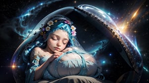 A girl sleeps in a translucent tunic in a fetal position, A girl sleeps inside a glass cocoon, background Universe, nebula, stars, Create a fantasy figurine, in a mesmerizing 16k digital painting. Maintain intricate details, a fantasy theme, and sci-fi style, echoing Paolo Eleuteri Serpieri's style, full body, water, ((sleeping newborn baby sleeping in the center of the galaxy))