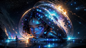 newborn baby in a glass cocoon, background Universe, nebula, stars, Create a fantasy figurine, in a mesmerizing 16k digital painting. Maintain intricate details, a fantasy theme, and sci-fi style, echoing Paolo Eleuteri Serpieri's style, full body, water,