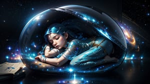 A girl sleeps in a translucent tunic in a fetal position, A girl sleeps inside a glass cocoon, background Universe, nebula, stars, Create a fantasy figurine, in a mesmerizing 16k digital painting. Maintain intricate details, a fantasy theme, and sci-fi style, echoing Paolo Eleuteri Serpieri's style, full body, water, ((sleeping in the center of the galaxy))