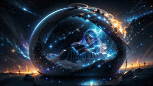 newborn baby in a glass cocoon, background Universe, nebula, stars, Create a fantasy figurine, in a mesmerizing 16k digital painting. Maintain intricate details, a fantasy theme, and sci-fi style, echoing Paolo Eleuteri Serpieri's style, full body, water,